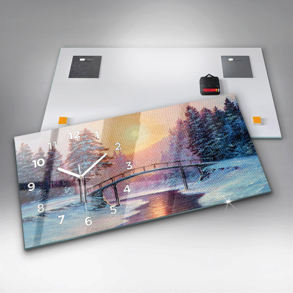 Horizontální skleněné hodiny na stěnu Vánoční stromek a most