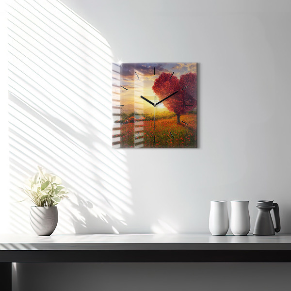 Skleněné hodiny čtvercové Strom se srdcem lásky