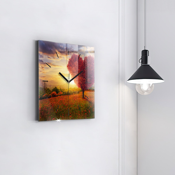 Skleněné hodiny čtvercové Strom se srdcem lásky