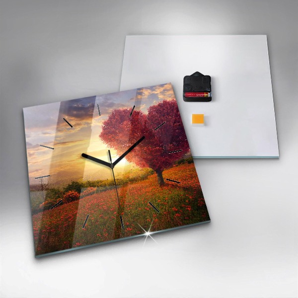 Skleněné hodiny čtvercové Strom se srdcem lásky