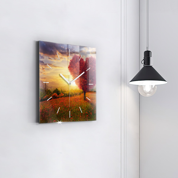 Skleněné hodiny čtvercové Strom se srdcem lásky