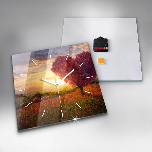 Skleněné hodiny čtvercové Strom se srdcem lásky