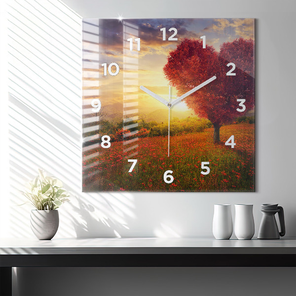 Skleněné hodiny čtvercové Strom se srdcem lásky