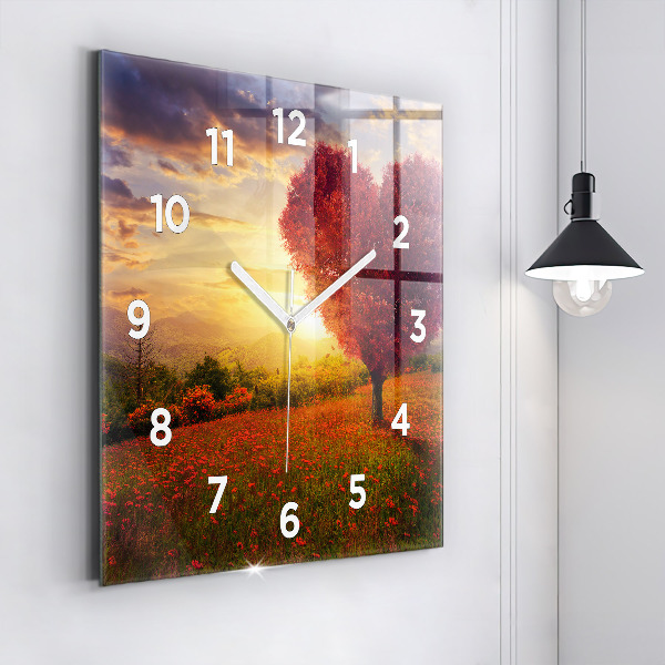 Skleněné hodiny čtvercové Strom se srdcem lásky