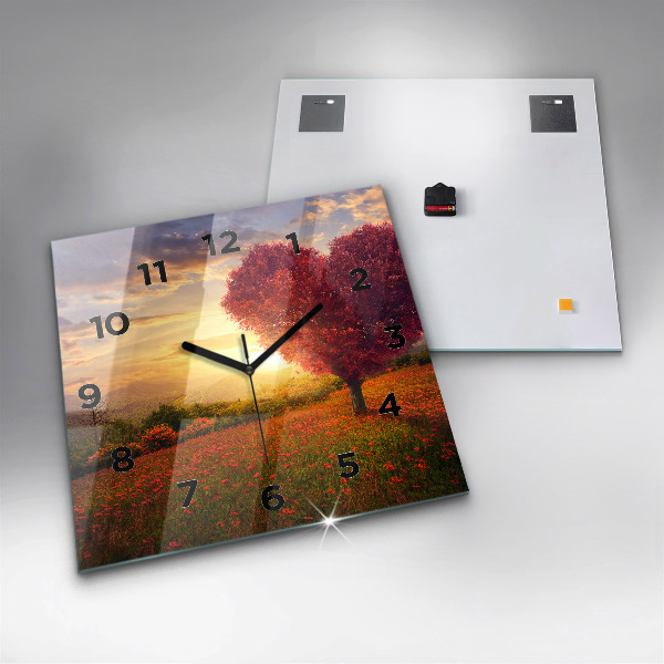 Skleněné hodiny čtvercové Strom se srdcem lásky