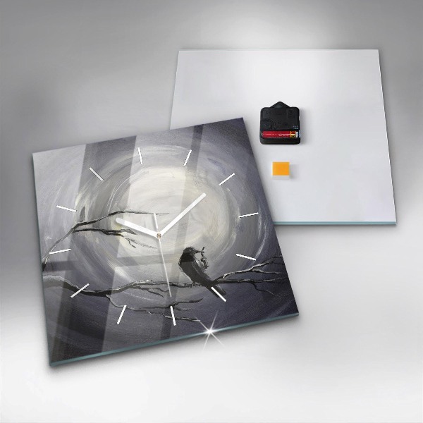 Čtvercové nástěnné hodiny Havran v měsíčním světle