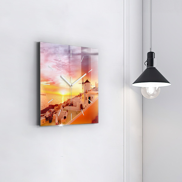 Skleněné hodiny čtvercové Starý větrný mlýn na Santorini