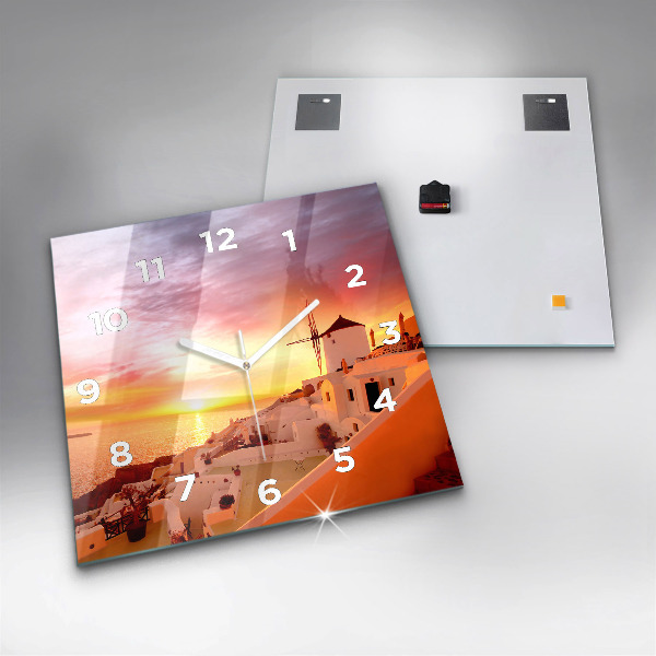 Skleněné hodiny čtvercové Starý větrný mlýn na Santorini