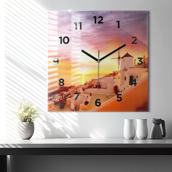 Skleněné hodiny čtvercové Starý větrný mlýn na Santorini