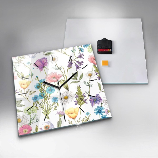 Skleněné hodiny čtvercové Kompozice květin