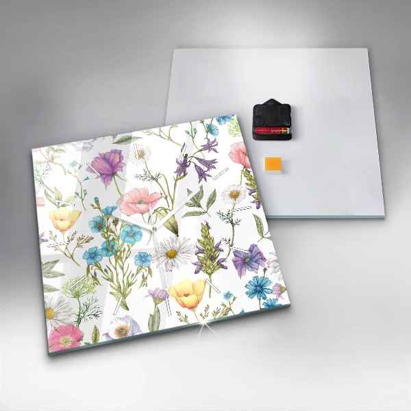 Skleněné hodiny čtvercové Kompozice květin