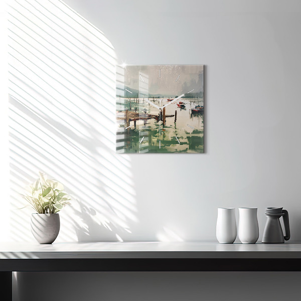 Skleněné hodiny čtvercové Rybářské lodě v přístavu