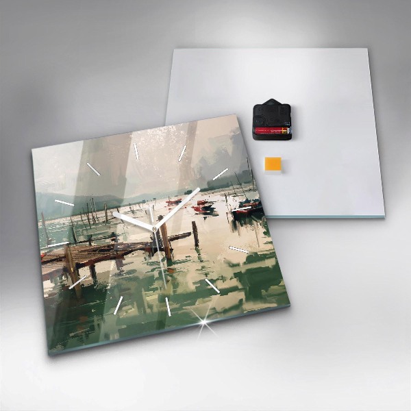 Skleněné hodiny čtvercové Rybářské lodě v přístavu