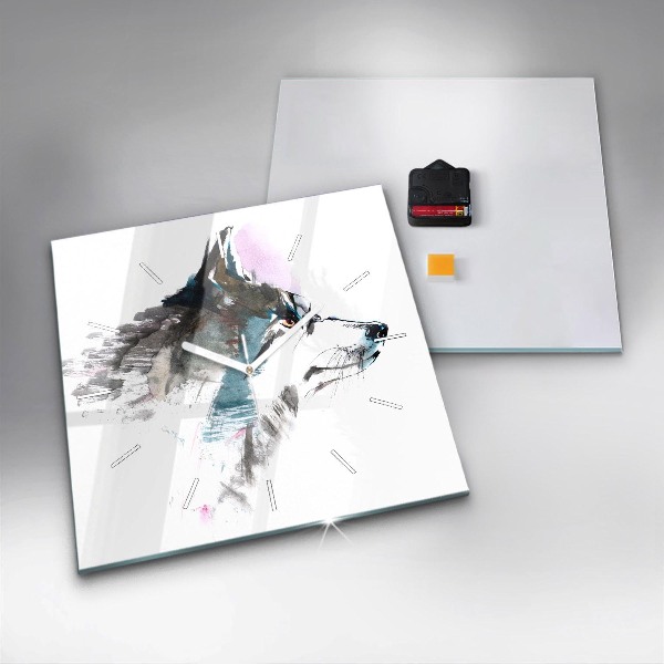 Skleněné hodiny čtvercové Profil malovaného vlka