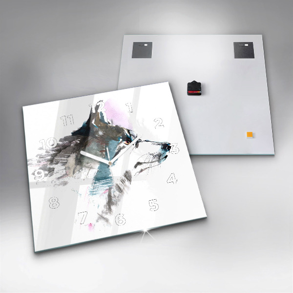 Skleněné hodiny čtvercové Profil malovaného vlka