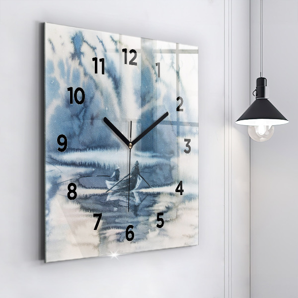 Skleněné hodiny čtvercové Zimní jezero Loď