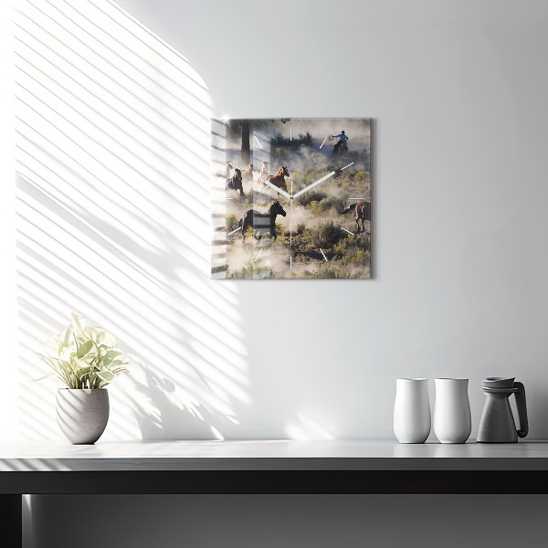 Skleněné hodiny čtvercové Stádo splašených koní