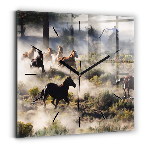 Skleněné hodiny čtvercové Stádo splašených koní