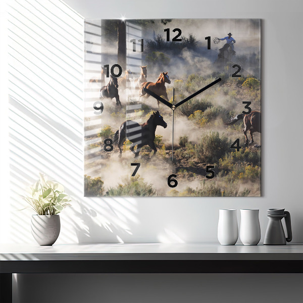 Skleněné hodiny čtvercové Stádo splašených koní