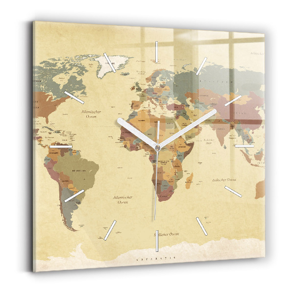 Skleněné hodiny čtvercové Mapa světa ve vintage stylu