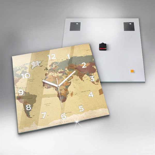 Skleněné hodiny čtvercové Mapa světa ve vintage stylu
