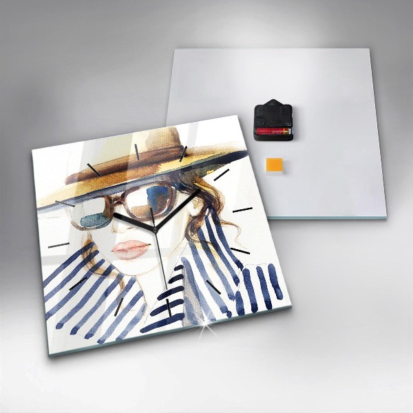 Skleněné hodiny čtvercové Tvář s brýlemi a kloboukem