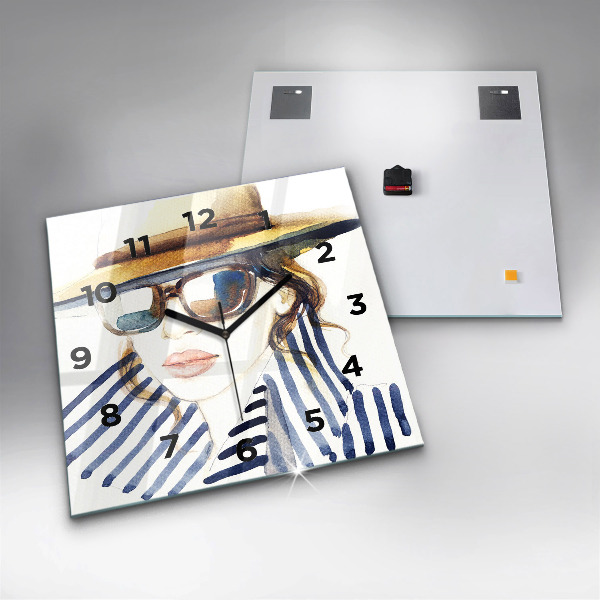 Skleněné hodiny čtvercové Tvář s brýlemi a kloboukem