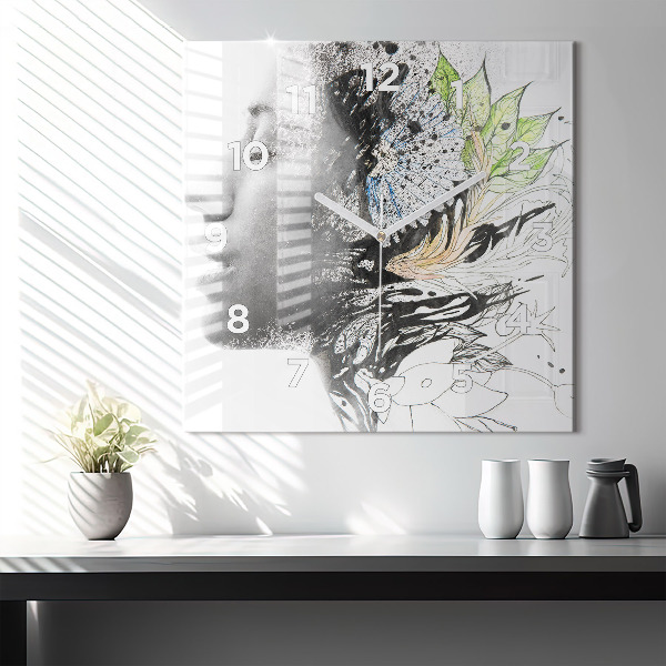 Skleněné hodiny čtvercové Abstraktní tvář ženy