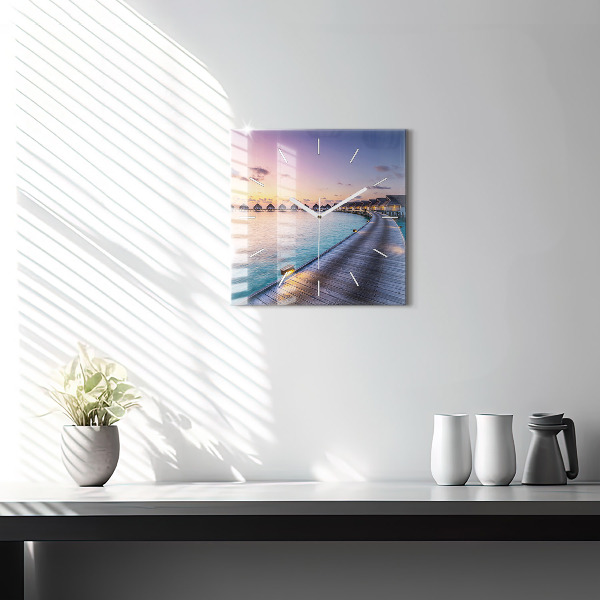 Skleněné hodiny čtvercové Západ slunce na Maledivách