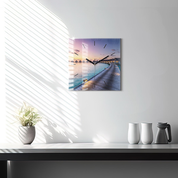 Skleněné hodiny čtvercové Západ slunce na Maledivách