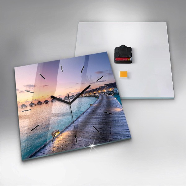 Skleněné hodiny čtvercové Západ slunce na Maledivách