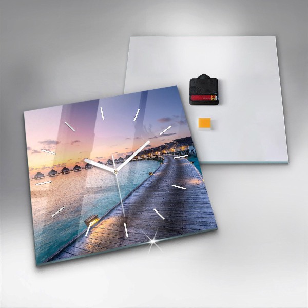 Skleněné hodiny čtvercové Západ slunce na Maledivách