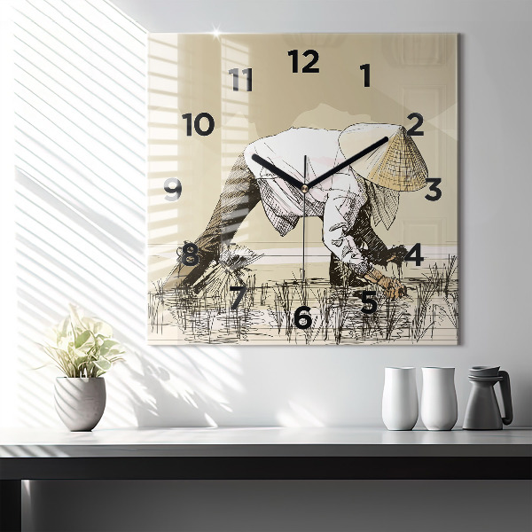 Skleněné hodiny čtvercové Žena sbírající rýži