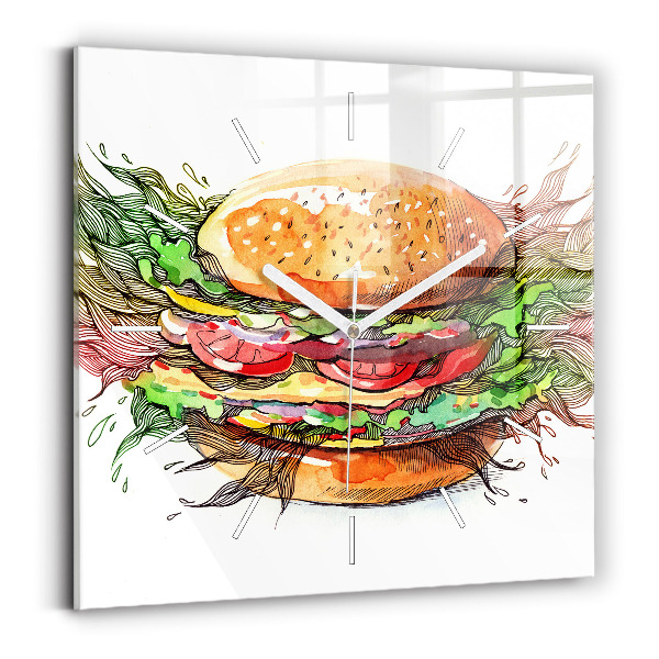 Skleněné hodiny čtvercové XXL sýrový hamburger