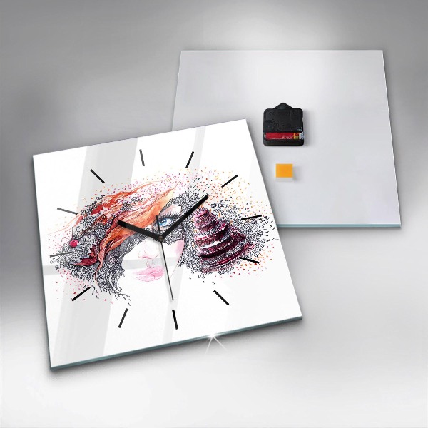 Skleněné hodiny čtvercové Sladká žena s dortem