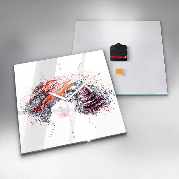 Skleněné hodiny čtvercové Sladká žena s dortem