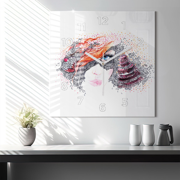 Skleněné hodiny čtvercové Sladká žena s dortem