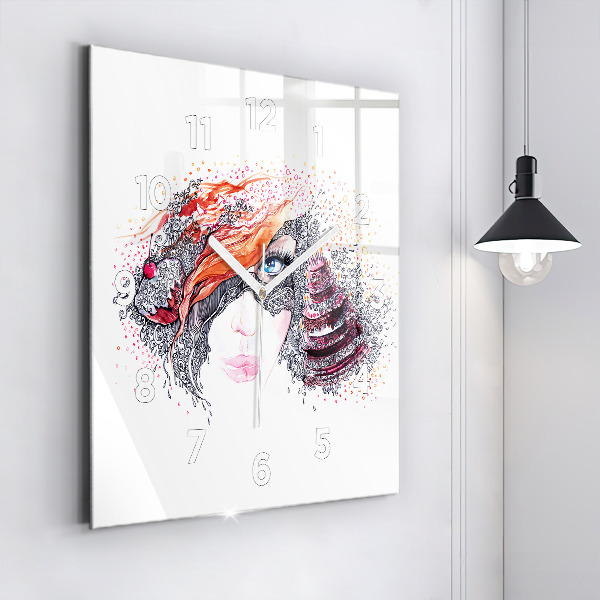 Skleněné hodiny čtvercové Sladká žena s dortem