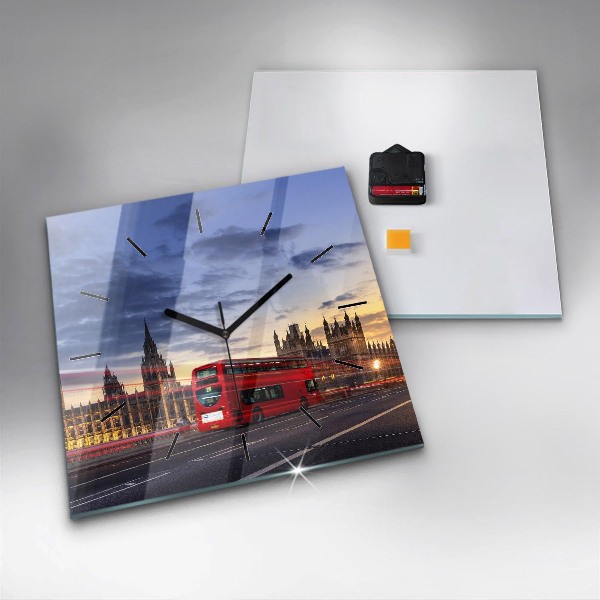 Skleněné hodiny čtvercové Červený londýnský autobus