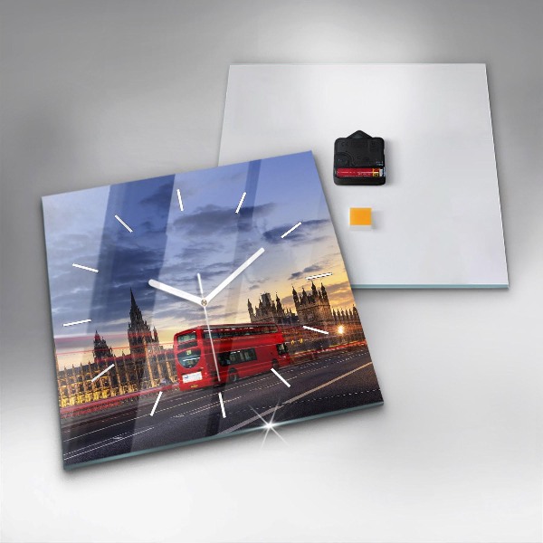 Skleněné hodiny čtvercové Červený londýnský autobus