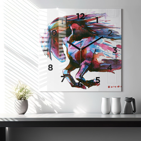 Skleněné hodiny čtvercové Kůň v běhu