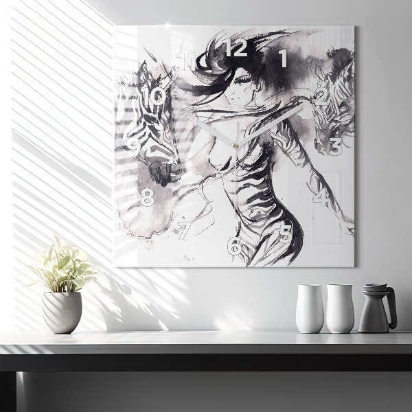 Skleněné hodiny čtvercové Žena a zebry