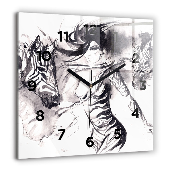 Skleněné hodiny čtvercové Žena a zebry