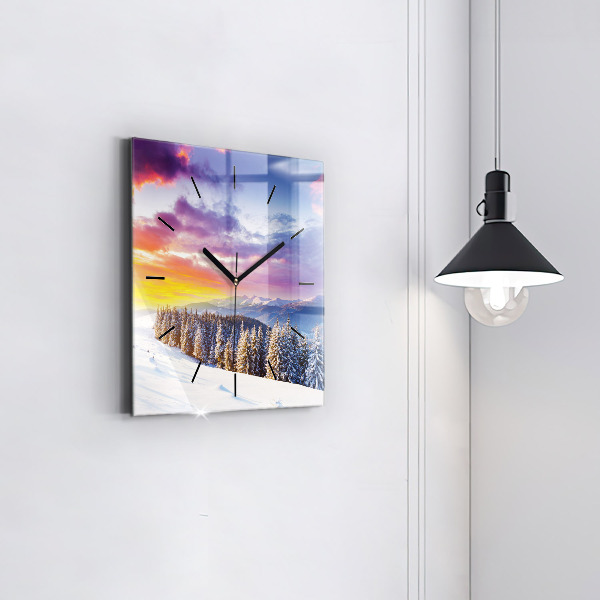 Skleněné hodiny čtvercové Zimní horská krajina