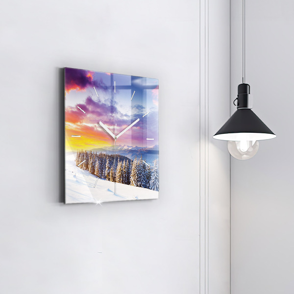 Skleněné hodiny čtvercové Zimní horská krajina