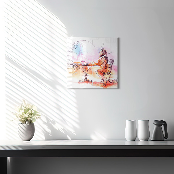 Skleněné hodiny čtvercové Žena pije čaj