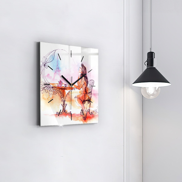 Skleněné hodiny čtvercové Žena pije čaj