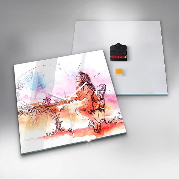 Skleněné hodiny čtvercové Žena pije čaj