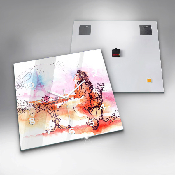 Skleněné hodiny čtvercové Žena pije čaj