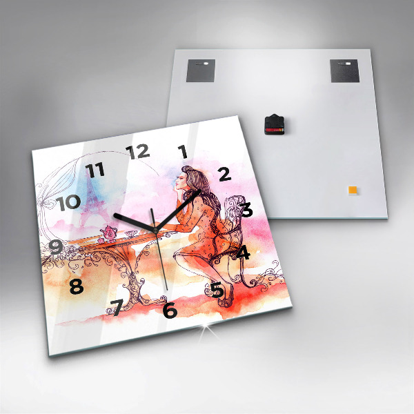 Skleněné hodiny čtvercové Žena pije čaj